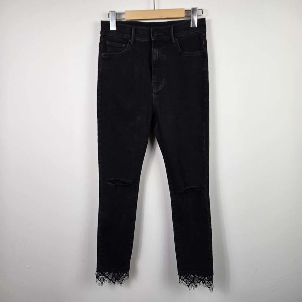 Mother Swooner Dagger Ankle Fray Jeans Black Distressed Lace Hem W26 Luxury
